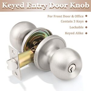 Probrico（3 Pack Entry Door Knob Keyed Alike,Satin Nickel Finish Door Lock Handle,Entry Door Lock/Ball Door knobs with Lock and Same Key,Entrance Knob[Lock with 3 Combo Keys] for Office or Front Door