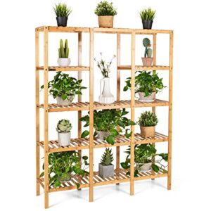 costway plant stand indoor, 5-tier bamboo plant display organizer with stand for multiple plants, plant shelf outdoor for window, garden, balcony, living room