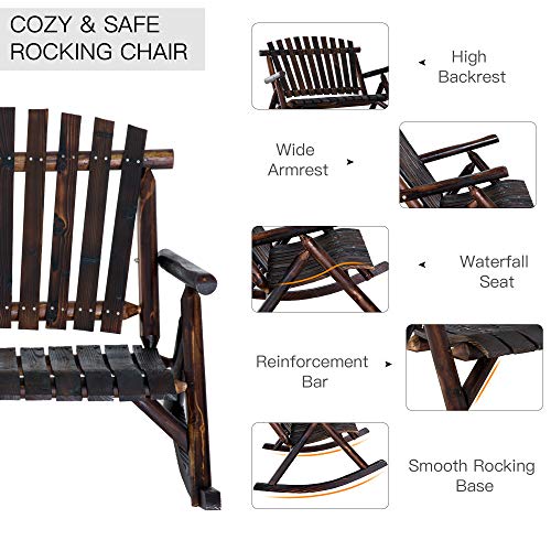 Outsunny Double Wooden Porch Rocking Bench, Adirondack Porch Rocker Chair, Heavy Duty Loveseat for 2 Persons with High Rise Slatted Seat & Backrest, Smooth Armrests, Carbonized