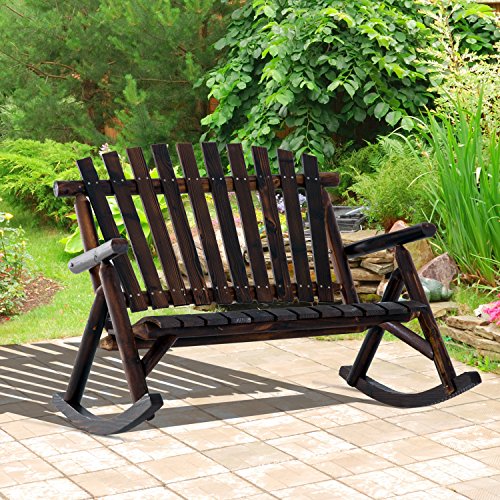 Outsunny Double Wooden Porch Rocking Bench, Adirondack Porch Rocker Chair, Heavy Duty Loveseat for 2 Persons with High Rise Slatted Seat & Backrest, Smooth Armrests, Carbonized