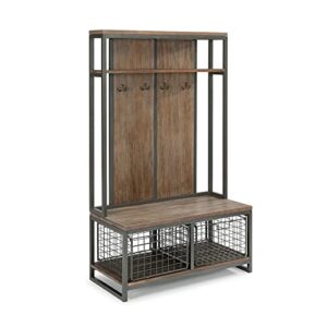 homestyles barnside metro hall tree constructed of mixes media, gray metal frame with multi-toned driftwood finish with two large storage baskets and four hooks