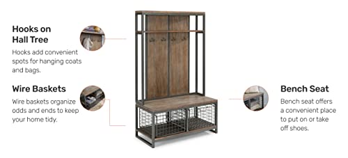homestyles Barnside Metro Hall Tree Constructed of Mixes Media, Gray Metal Frame with Multi-toned Driftwood Finish with Two Large Storage Baskets and Four Hooks