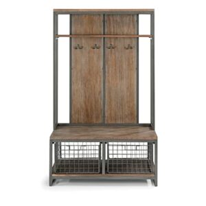 homestyles Barnside Metro Hall Tree Constructed of Mixes Media, Gray Metal Frame with Multi-toned Driftwood Finish with Two Large Storage Baskets and Four Hooks