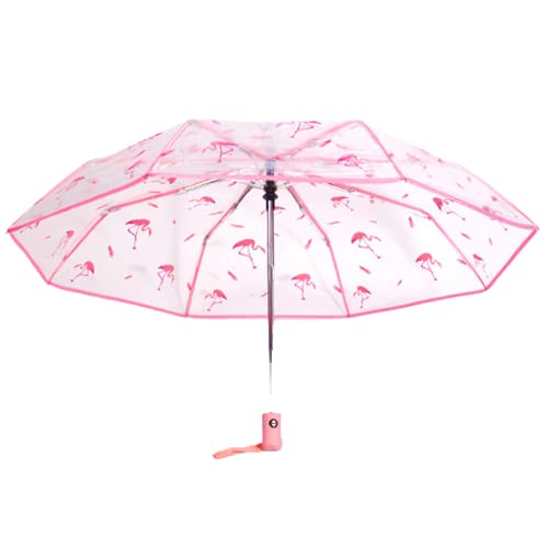 WerFamily Full Automatic Umbrella Folding Transparent Clear Auto Open Travel Pink Flamingos