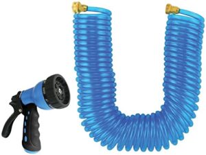 rocky mountain landscapers select coiled garden hose with 10 pattern spray nozzle 50 foot by 3/8” - leakproof - heavy duty uv stabilized - drinking water safe - solid brass fittings