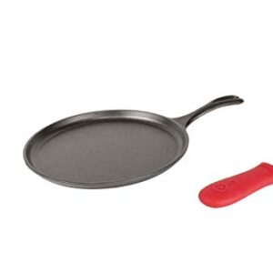 Lodge Cast Iron Round Griddle with Red Silicone Hot Handle Holder, 10.5-inch