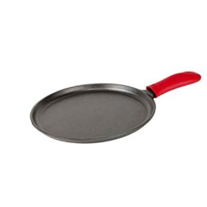 Lodge Cast Iron Round Griddle with Red Silicone Hot Handle Holder, 10.5-inch