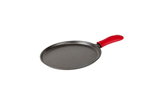 Lodge Cast Iron Round Griddle with Red Silicone Hot Handle Holder, 10.5-inch