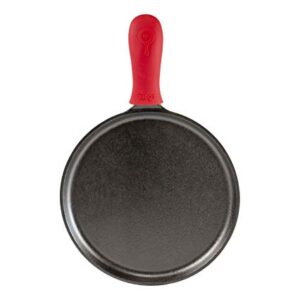 Lodge Cast Iron Round Griddle with Red Silicone Hot Handle Holder, 10.5-inch