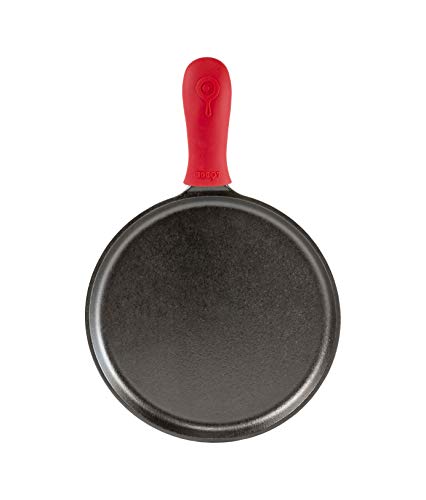 Lodge Cast Iron Round Griddle with Red Silicone Hot Handle Holder, 10.5-inch