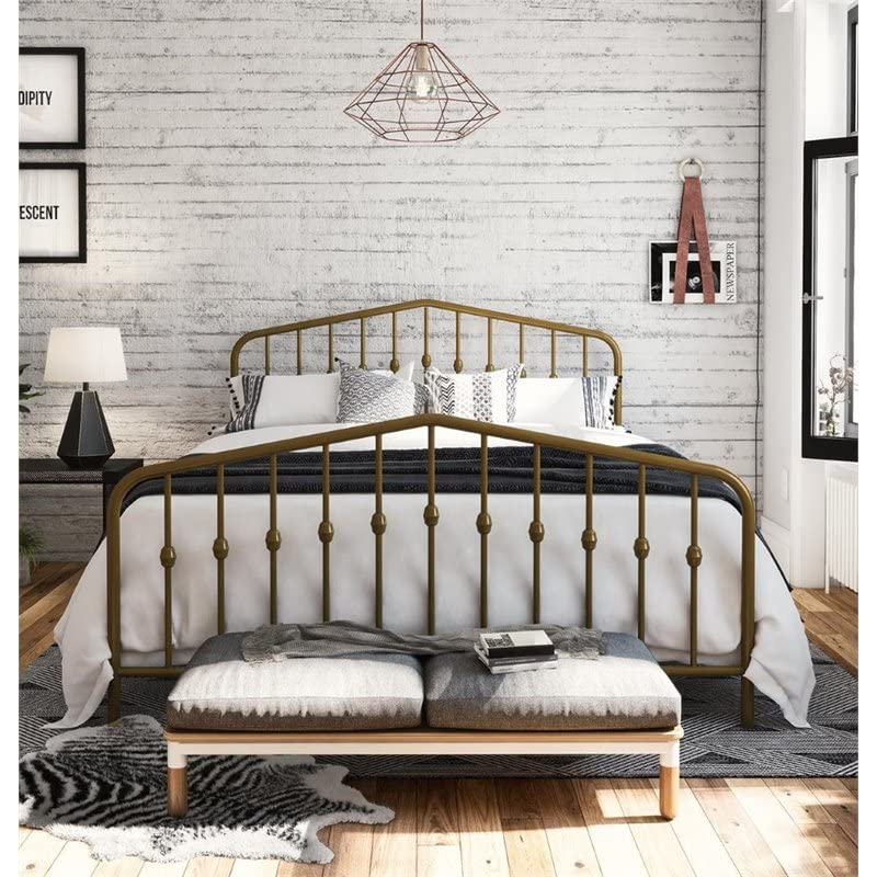 Novogratz Bushwick Metal Bed with Headboard and Footboard | Modern Design | Queen Size - Gold