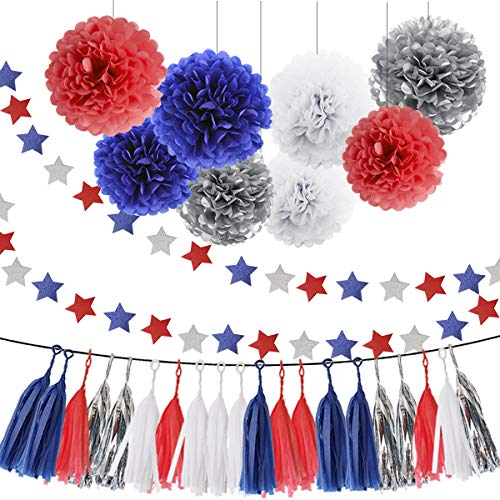 HEARTFEEL 30pcs Patriotic Tissue Paper Pom Pom Silver Navy Blue Red White Tassel Garland Party Decorationsred and blue party decorations (Navy Blue Red Silver White)