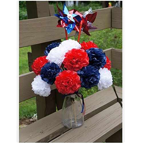 HEARTFEEL 30pcs Patriotic Tissue Paper Pom Pom Silver Navy Blue Red White Tassel Garland Party Decorationsred and blue party decorations (Navy Blue Red Silver White)