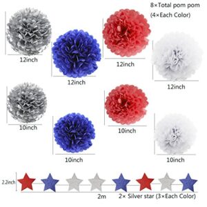 HEARTFEEL 30pcs Patriotic Tissue Paper Pom Pom Silver Navy Blue Red White Tassel Garland Party Decorationsred and blue party decorations (Navy Blue Red Silver White)