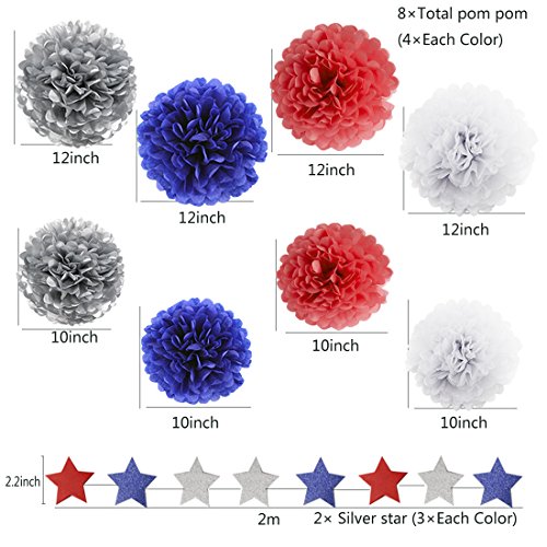 HEARTFEEL 30pcs Patriotic Tissue Paper Pom Pom Silver Navy Blue Red White Tassel Garland Party Decorationsred and blue party decorations (Navy Blue Red Silver White)