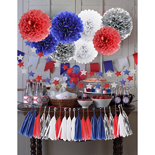 HEARTFEEL 30pcs Patriotic Tissue Paper Pom Pom Silver Navy Blue Red White Tassel Garland Party Decorationsred and blue party decorations (Navy Blue Red Silver White)