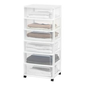 iris usa plastic 6 drawer wide storage drawer cart with 4 caster wheels for home, closet, bedroom, bathroom, office, laundry, kitchen, craft room, nursery and school dorm, white/clear, set of 1