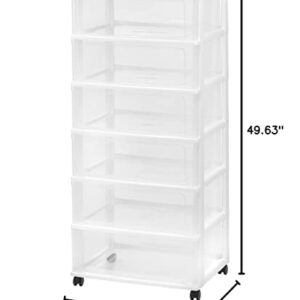 IRIS USA Plastic 6 Drawer Wide Storage Drawer Cart with 4 Caster Wheels for Home, Closet, Bedroom, Bathroom, Office, Laundry, Kitchen, Craft Room, Nursery and School Dorm, White/Clear, Set of 1