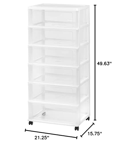 IRIS USA Plastic 6 Drawer Wide Storage Drawer Cart with 4 Caster Wheels for Home, Closet, Bedroom, Bathroom, Office, Laundry, Kitchen, Craft Room, Nursery and School Dorm, White/Clear, Set of 1