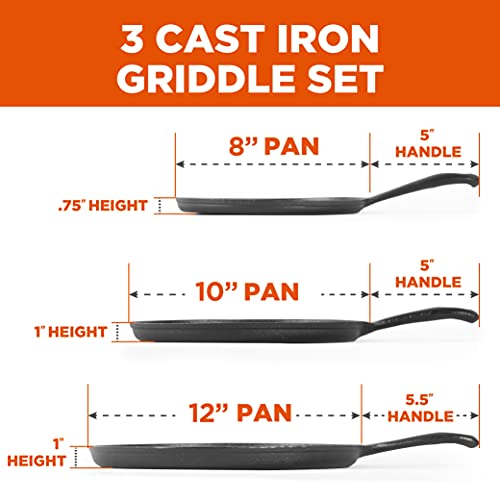 Commercial Chef Round Cast Iron Griddle Pan 3-Piece Set – 8-inch, 10-inch, and 12-inch - Pre-seasoned Griddle Cast Iron Cookware