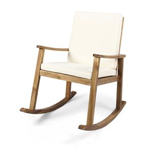 christopher knight home caspar | outdoor acacia wood rocking chair, teak finish/cream cushion