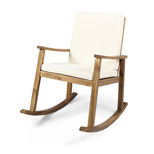 Christopher Knight Home Caspar | Outdoor Acacia Wood Rocking Chair, Teak Finish/Cream Cushion