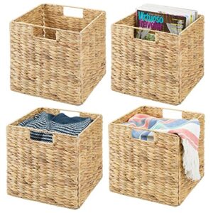 mdesign natural woven hyacinth cube bin basket organizer with handles, storage for bedroom, home office, bathroom, shelf and cubby organization, hold blankets, magazines, books, 4 pack, natural/tan