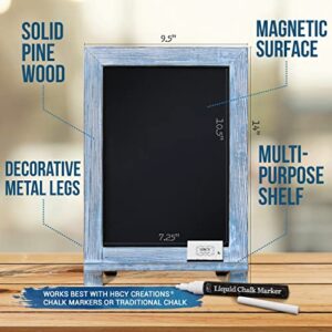 HBCY Creations Rustic Blue Wood Tabletop Chalkboard with Legs/Vintage Wedding Table Sign/Small Kitchen Countertop Memo Board/Antique Wooden Frame (9.5” x 14” Inches) (Rustic Blue)