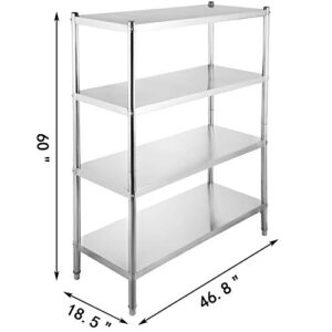 Happybuy Stainless Steel Shelving 47x18.5x60 Inch 4 Tier Stainless Steel Shelving Unit Shelving Units and Storage Heavy Duty Shelf for Kitchen Commercial Office Garage Storage 330lb Per Shelf