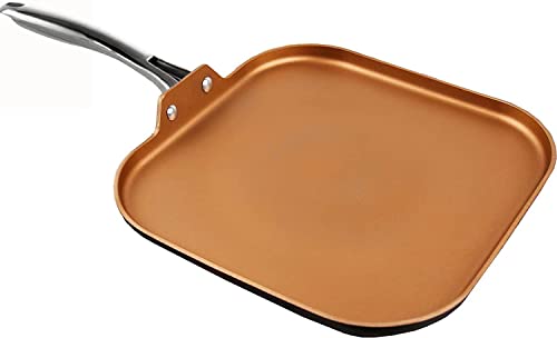 COOKSMARK 11-Inch Copper Griddle Pan for Stove Top -Nonstick Square Flat Pan with Stainless Steel Handle, Lightweight Induction Compatible -Oven Safe Dishwasher Safe