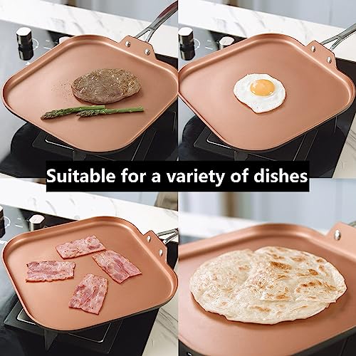 COOKSMARK 11-Inch Copper Griddle Pan for Stove Top -Nonstick Square Flat Pan with Stainless Steel Handle, Lightweight Induction Compatible -Oven Safe Dishwasher Safe