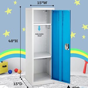 AdirOffice Kids Steel Metal Storage Locker - for Home & School - with Key & Hanging Rods (48 in 1 Door, Blue)