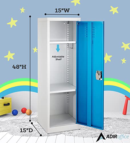 AdirOffice Kids Steel Metal Storage Locker - for Home & School - with Key & Hanging Rods (48 in 1 Door, Blue)