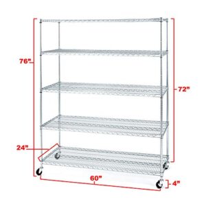 Seville Classics UltraDurable Heavy Duty NSF Solid Steel Wire Rack Storage Unit Shelving with Wheels, 5-Tier, 60" W x 24" D