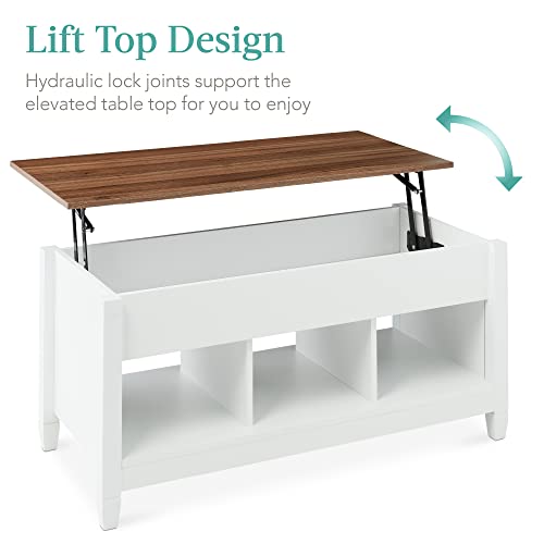 Best Choice Products Lift Top Coffee Table Hidden Storage Wooden Dining Accent Table Furniture for Living Room, Display Shelves - White/Brown