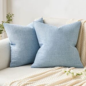 miulee pack of 2 decorative linen burlap pillow cover square solid throw cushion case for sofa car couch 18x18 inch light blue