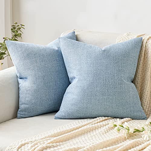 MIULEE Pack of 2 Decorative Linen Burlap Pillow Cover Square Solid Throw Cushion Case for Sofa Car Couch 18x18 Inch Light Blue