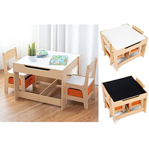 Costzon Kids Table and Chair Set, 3 in 1 Wooden Activity Table for Toddlers Arts, Crafts, Drawing, Reading, Playroom, Toddler Table and Chair Set w/ 2 in 1 Tabletop, Storage Space, Gift for Boy & Girl