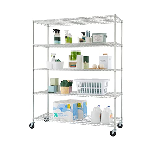 TRINITY BASICS TBFC-0931 5-Tier Adjustable Wire Shelving with Wheels for Kitchen Organization, Garage Storage, Laundry Room, NSF Certified, 600 to 2250 Pound Capacity, 60” by 24” by 77”, Chrome