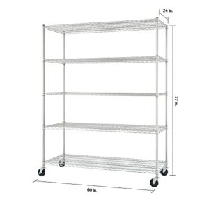 TRINITY BASICS TBFC-0931 5-Tier Adjustable Wire Shelving with Wheels for Kitchen Organization, Garage Storage, Laundry Room, NSF Certified, 600 to 2250 Pound Capacity, 60” by 24” by 77”, Chrome