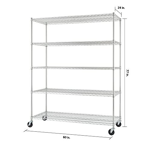 TRINITY BASICS TBFC-0931 5-Tier Adjustable Wire Shelving with Wheels for Kitchen Organization, Garage Storage, Laundry Room, NSF Certified, 600 to 2250 Pound Capacity, 60” by 24” by 77”, Chrome