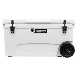 driftsun 70qt wheeled ice chest - heavy duty, high performance roto-molded commercial grade insulated rolling cooler (white)