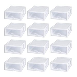 sterilite 16 quart stackable sturdy plastic storage drawer container for home and office organization, clear and white (12 pack)
