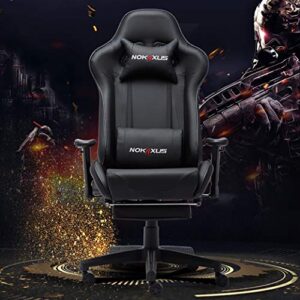 Nokaxus Gaming Chair Large Size High-back Ergonomic Racing Seat with Massager Lumbar Support and Retractible Footrest PU Leather 90-180 degree adjustment of backrest Thickening sponges (YK-6008-BLACK)