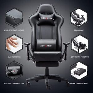 Nokaxus Gaming Chair Large Size High-back Ergonomic Racing Seat with Massager Lumbar Support and Retractible Footrest PU Leather 90-180 degree adjustment of backrest Thickening sponges (YK-6008-BLACK)