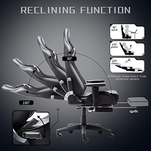 Nokaxus Gaming Chair Large Size High-back Ergonomic Racing Seat with Massager Lumbar Support and Retractible Footrest PU Leather 90-180 degree adjustment of backrest Thickening sponges (YK-6008-BLACK)