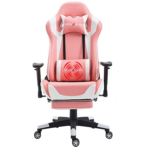 NOKAXUS Gaming Chair Large Size High-Back Ergonomic Racing Seat with Massager Lumbar Support and Retractible Footrest PU Leather 90-180 Degree Adjustment of backrest Thickening sponges (YK-6008-PINK)