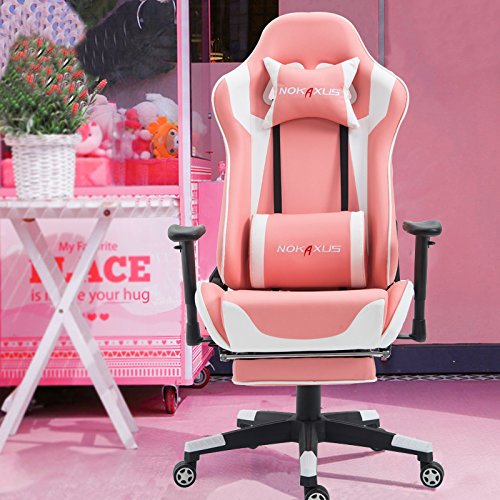 NOKAXUS Gaming Chair Large Size High-Back Ergonomic Racing Seat with Massager Lumbar Support and Retractible Footrest PU Leather 90-180 Degree Adjustment of backrest Thickening sponges (YK-6008-PINK)