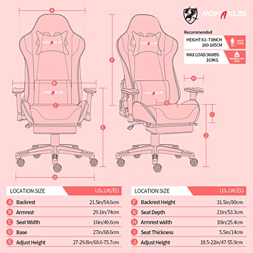 NOKAXUS Gaming Chair Large Size High-Back Ergonomic Racing Seat with Massager Lumbar Support and Retractible Footrest PU Leather 90-180 Degree Adjustment of backrest Thickening sponges (YK-6008-PINK)