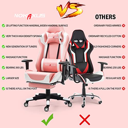 NOKAXUS Gaming Chair Large Size High-Back Ergonomic Racing Seat with Massager Lumbar Support and Retractible Footrest PU Leather 90-180 Degree Adjustment of backrest Thickening sponges (YK-6008-PINK)